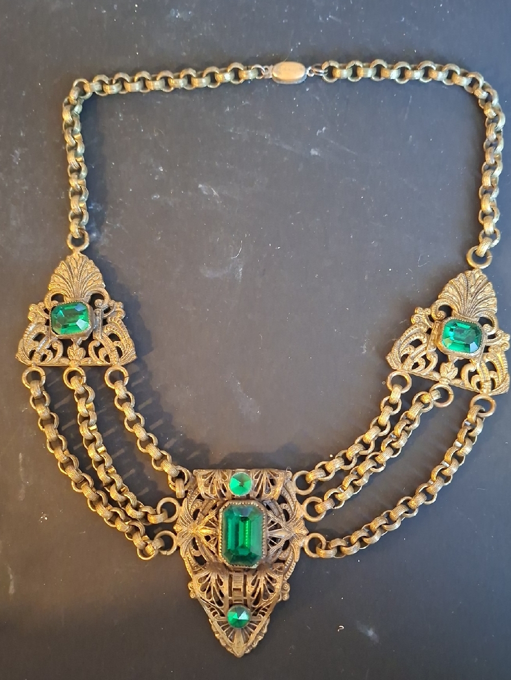 Vintage-Inspired Gold Tone Necklace with Emerald Green Stones, Czeckslovakia